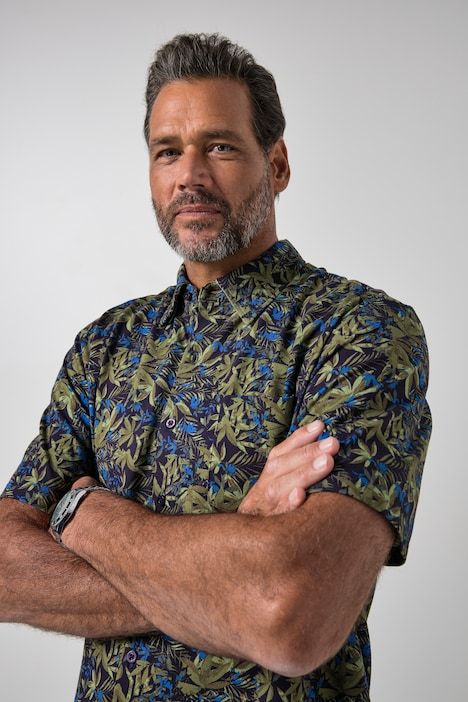 Chemise en piqué FLEXNAMIC®, imprimé all-over, manches courtes et col à pointes boutonnées (boutons dissimulés), coupe Modern Fit - jusqu'au 8 XL