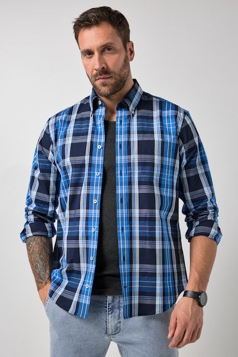 Chemise à carreau FLEXNAMIC®, manches longues et col à pointes boutonnées, coupe Modern Fit - jusqu'au 8 XL