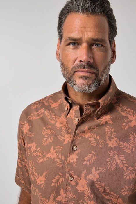 Chemise en lin mélangé, manches courtes et col à pointes boutonnées, coupe Modern Fit - jusqu'au 8 XL