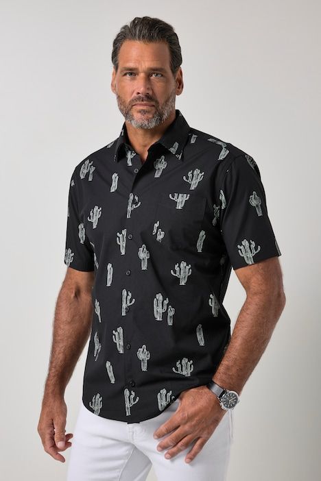 Chemise motif cactus, manches courtes et col Kent, chiffon pour lunettes, coupe Modern Fit - jusqu'au 8 XL
