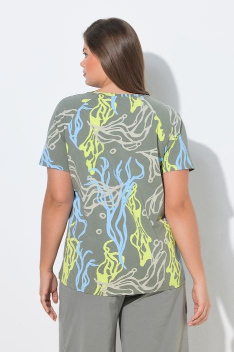 T-shirt à manches courtes, imprimé intégral et col V. Label OEKO-TEX