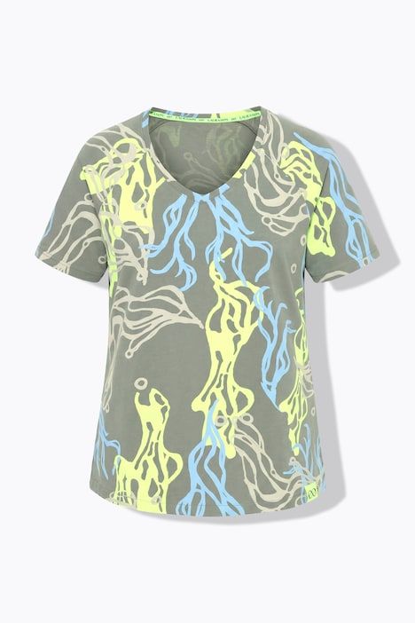 T-shirt à manches courtes, imprimé intégral et col V. Label OEKO-TEX