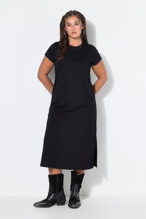 Robe midi, ligne A, jersey, col rond, manches courtes