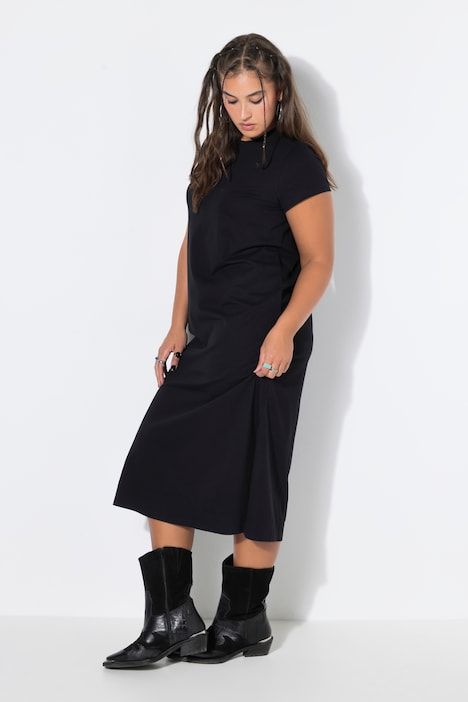 Robe midi, ligne A, jersey, col rond, manches courtes