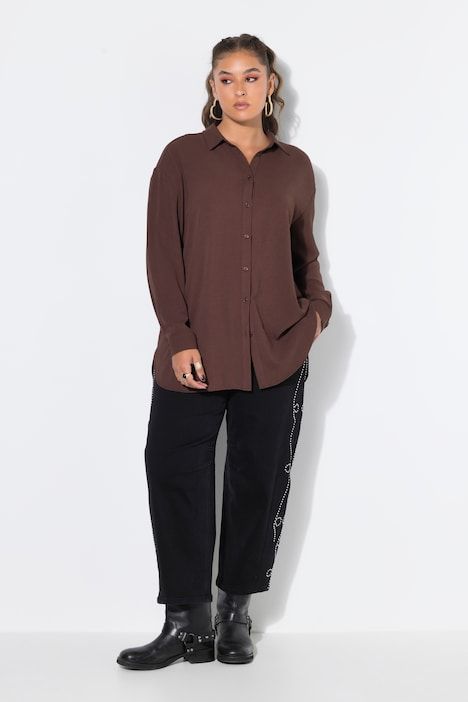 Chemise oversized en tissu crêpe, col de chemise et manches longues
