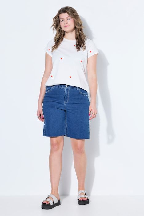 Short en jean, jambes larges, taille haute, clous décoratifs