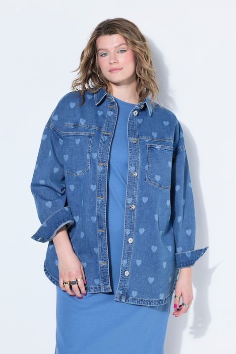 Chemise en jean oversize, imprimé laser cœurs