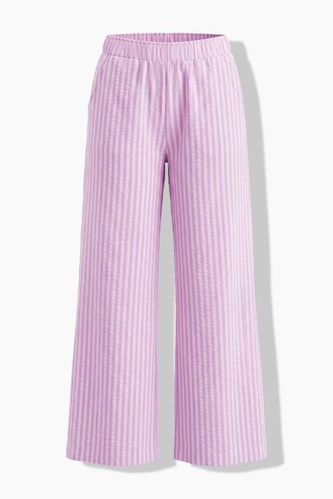 Pantalon à jambe large en tissu seersucker rayé