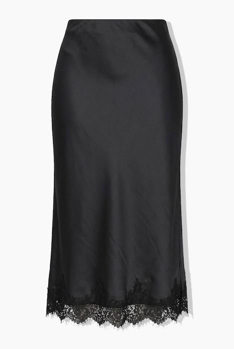Robe maxi trapèze en satin, ourlet en dentelle