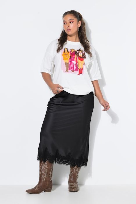 Robe maxi trapèze en satin, ourlet en dentelle