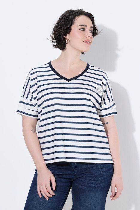 T-shirt, rayures, nœud, col en V, manches courtes