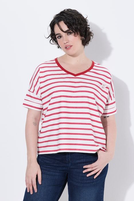T-shirt, rayures, nœud, col en V, manches courtes