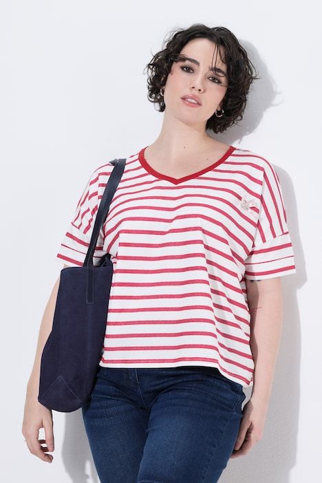 T-shirt, rayures, nœud, col en V, manches courtes