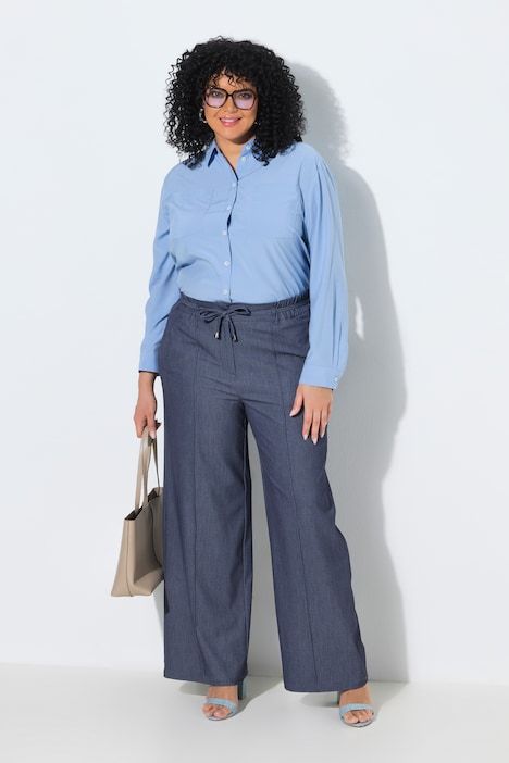 Pantalon aspect jean, taille élastique et jambe droite avec passepoil