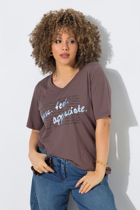 T-shirt avec message, décolleté en V et manches courtes, coupe Classic Fit