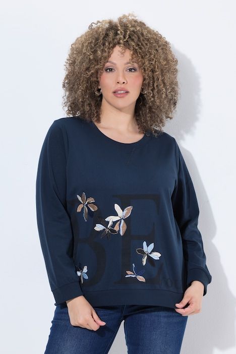 Sweat-shirt avec fleurs brodées, décolleté rond et manches courtes