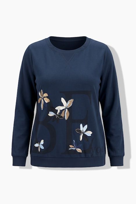 Sweat-shirt avec fleurs brodées, décolleté rond et manches courtes