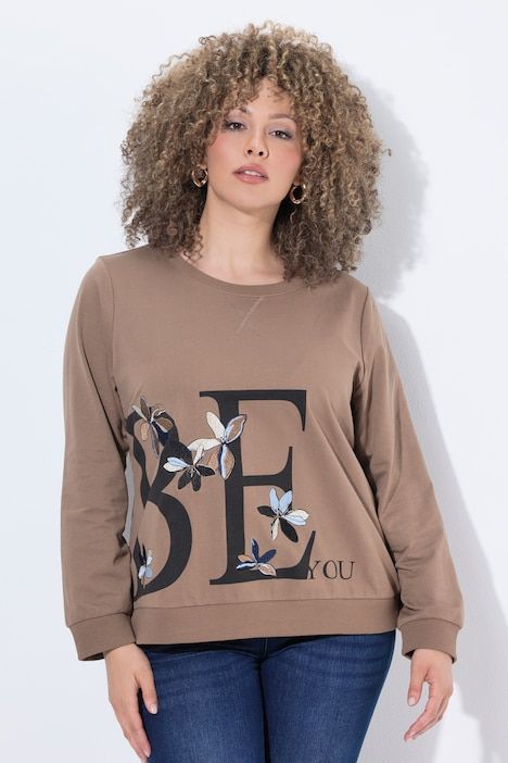 Sweat-shirt avec fleurs brodées, décolleté rond et manches courtes