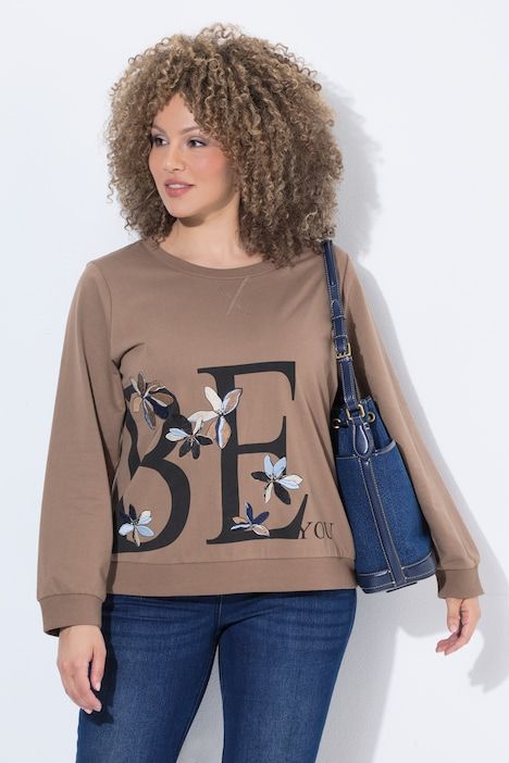 Sweat-shirt avec fleurs brodées, décolleté rond et manches courtes