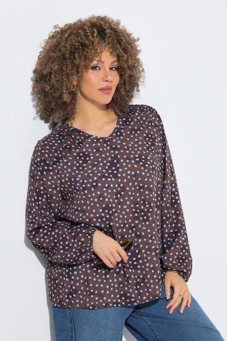 Tunique à pois, décolleté en V et manches longues, coupe évasée