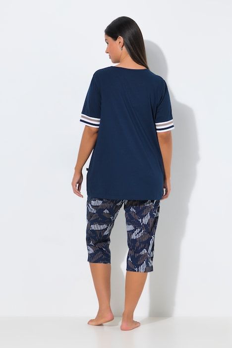 Pyjama, col rond, manches courtes, pantalon 3/4, poches