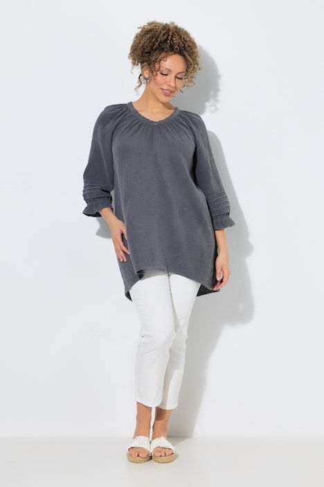 Blouse en mousseline, pinces, coupe A, col V, manches 3/4