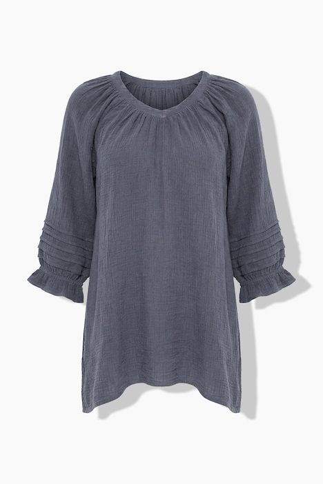 Blouse en mousseline, pinces, coupe A, col V, manches 3/4