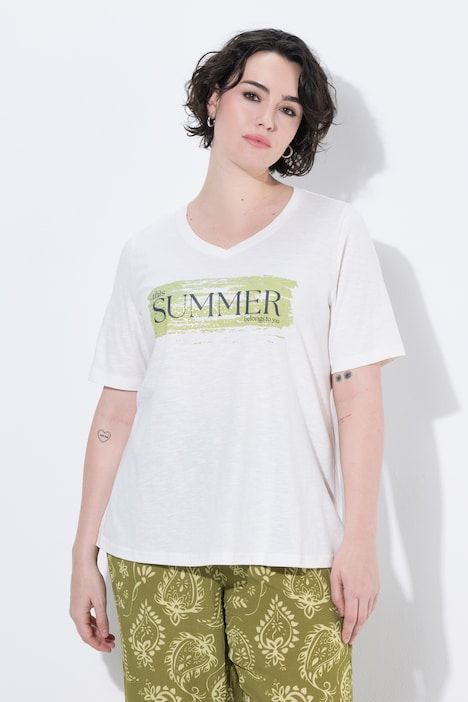 T-shirt, motif texte, coupe classique, col V, manches courtes