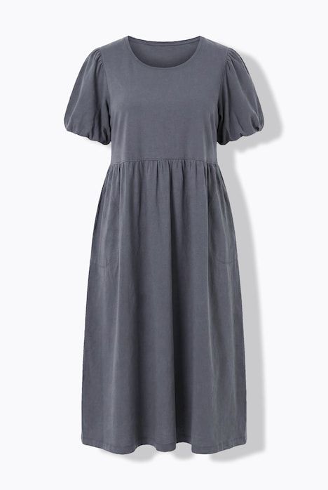 Robe longue, coupe A, col rond, manches courtes ballon, poches