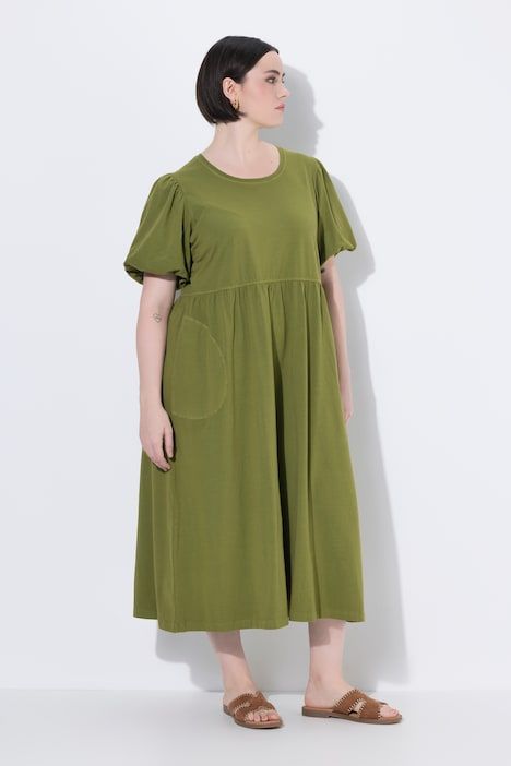 Robe longue, coupe A, col rond, manches courtes ballon, poches