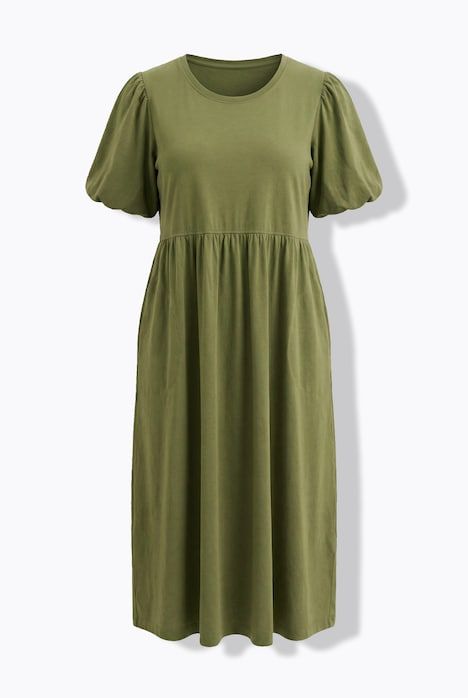 Robe longue, coupe A, col rond, manches courtes ballon, poches