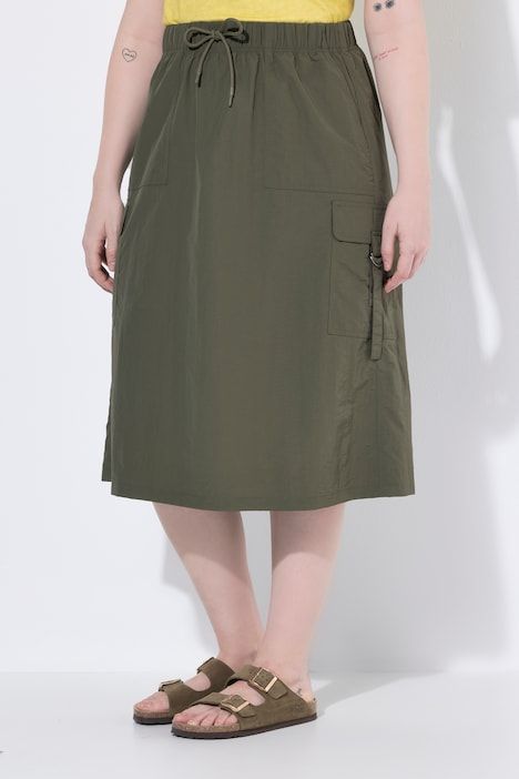 Jupe midi cargo, coupe A, poches cargo, ceinture élastique