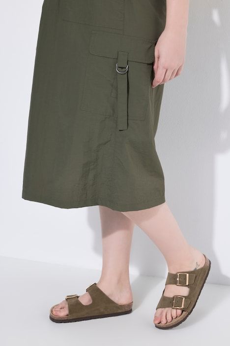 Jupe midi cargo, coupe A, poches cargo, ceinture élastique