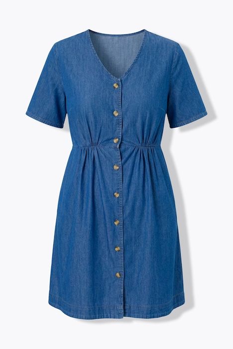 Robe en jean, coton bio, décolleté en V et manches courtes, coupe évasée