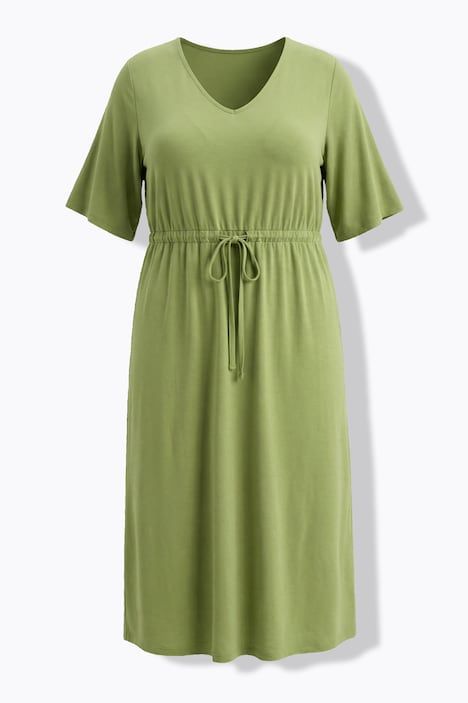 Robe longue, coupe A, col V, manches courtes