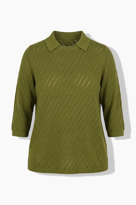 Pull-over à texture rayée, col rond, col polo, manches 3/4