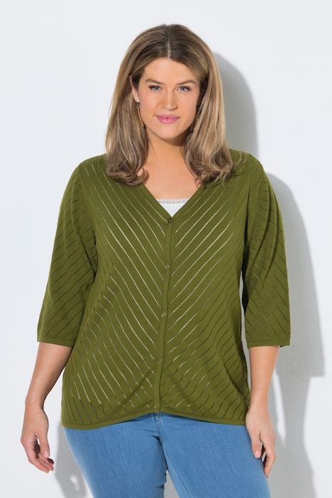 Cardigan, structure rayée, col V, manches 3/4