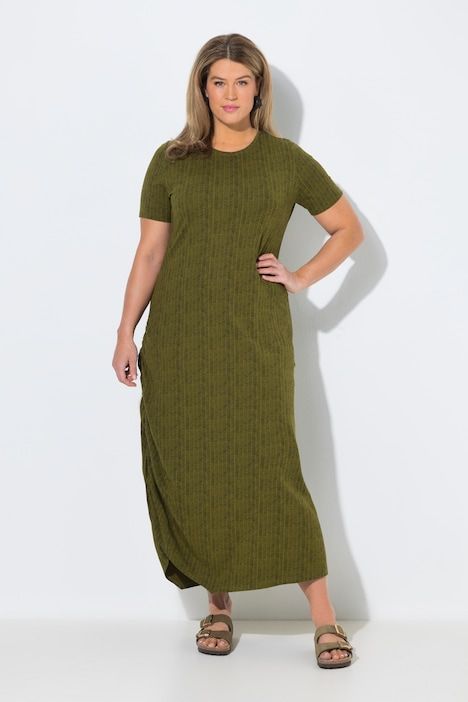 Robe longue, chevron, col rond, manches courtes, coton bio