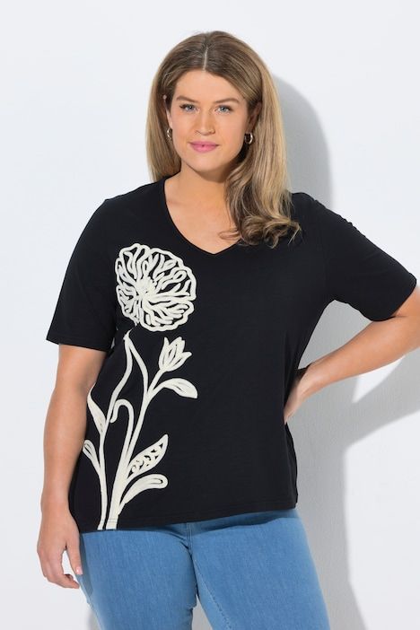 T-shirt long, broderie, manches courtes, coton bio