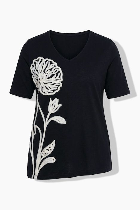 T-shirt long, broderie, manches courtes, coton bio