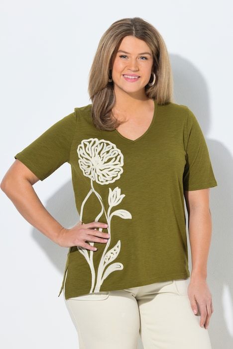 T-shirt long, broderie, manches courtes, coton bio