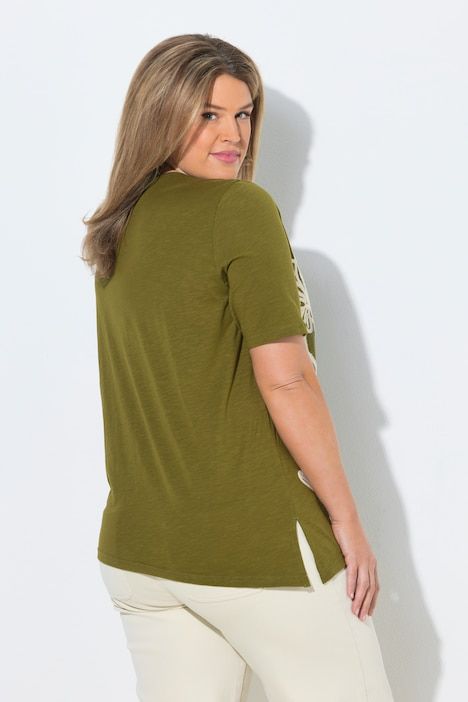 T-shirt long, broderie, manches courtes, coton bio