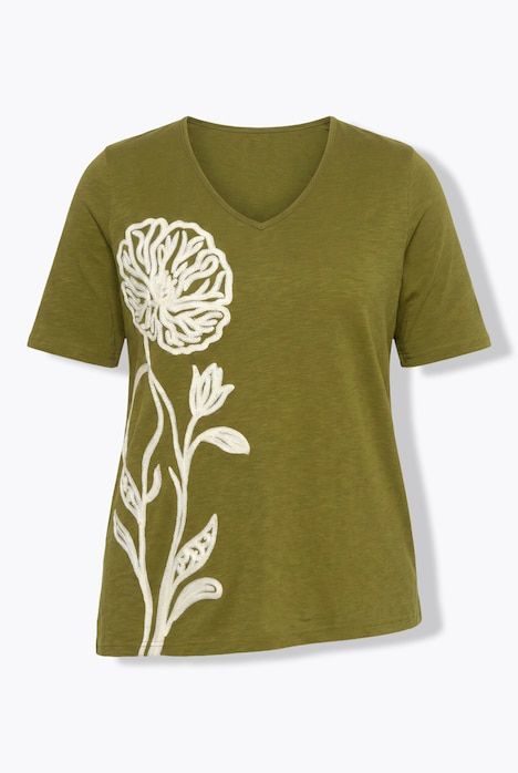 T-shirt long, broderie, manches courtes, coton bio