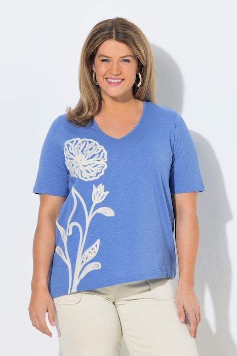 T-shirt long, broderie, manches courtes, coton bio