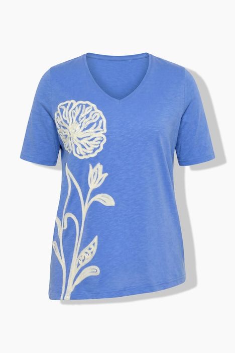 T-shirt long, broderie, manches courtes, coton bio