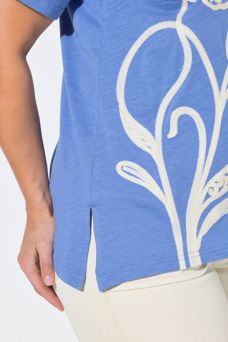 T-shirt long, broderie, manches courtes, coton bio