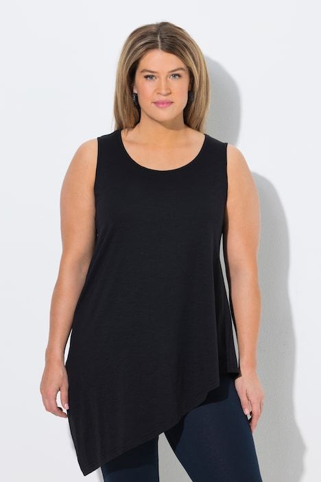 Top long, volant, coupe A, col rond, sans manches, coton bio