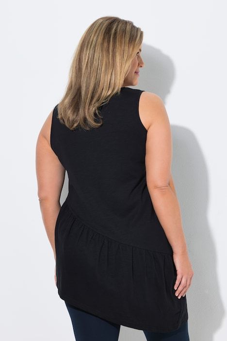 Top long, volant, coupe A, col rond, sans manches, coton bio