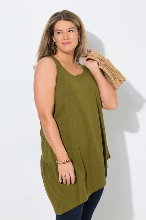 Top long, volant, coupe A, col rond, sans manches, coton bio