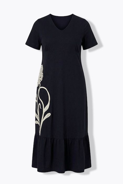 Robe longue, broderie florale, col V, manches courtes
